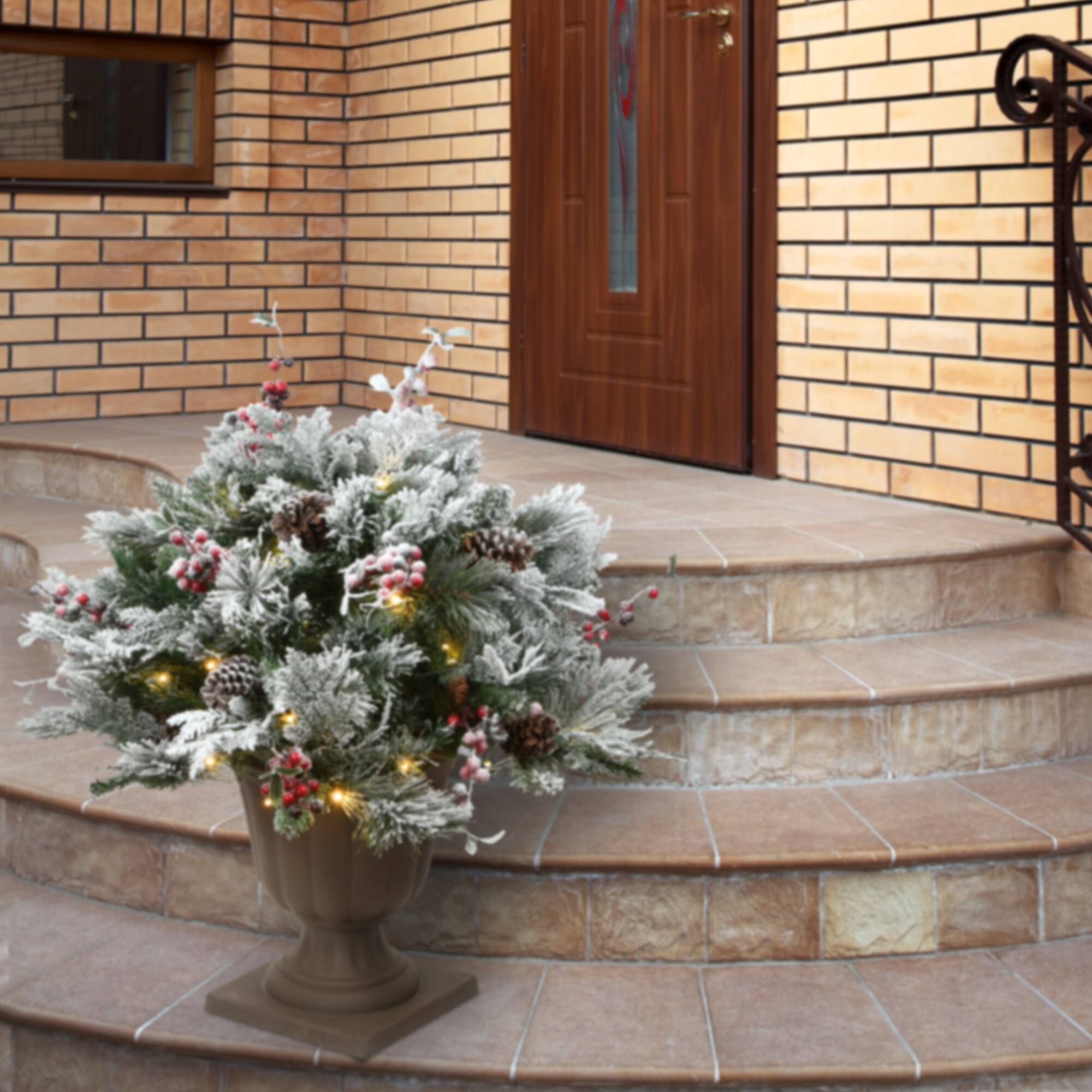 22" Snowy Bedford Urn Filler with Battery Operated LED Lights